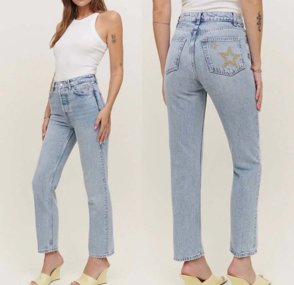 Reformation Cynthia High Rise Straight Jeans Size 27 Star Embroidered